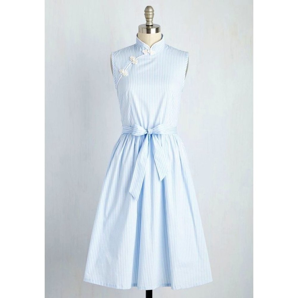 "Biographical Book Club" Modcloth Vintage Cheongsam Qipao Blue Dress